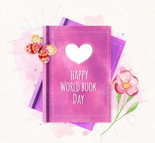 彩绘世界图书日紫色书籍和蝴蝶图矢量图片
