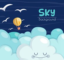 可爱云层上的热气球和鸟群图矢量下载