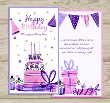 2款彩绘紫色蛋糕和礼物生日卡片矢量下载