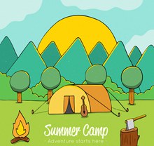 创意白天树林中的野营帐篷图矢量素材