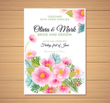 彩绘粉色花卉婚礼邀请卡矢量图下载