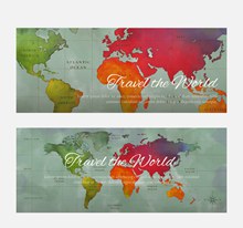 2款彩绘环球旅行世界地图banner图矢量