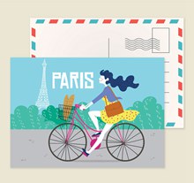 创意骑单车的女子明信片图矢量图片