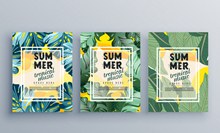 3款创意绿叶夏季热带派对海报图矢量图下载