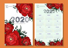 2020年红色花卉年历正反面图矢量图片