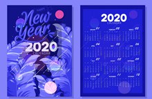 2020年蓝色雨中的树叶年历图矢量图