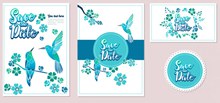 4款蓝色鸟婚礼卡片矢量下载