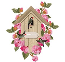 复古木制鸟屋和花卉矢量图下载