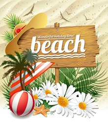 创意夏季沙滩木牌和花卉图矢量素材