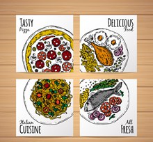 4款美味菜肴卡片设计矢量图下载