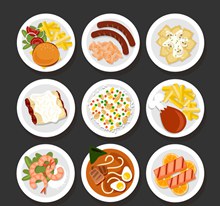 9款美味餐盘里的菜肴俯视图矢量图片