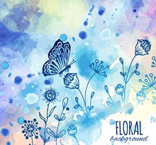 水彩绘蓝色花卉和蝴蝶矢量下载