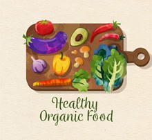 水彩绘菜板上的健康有机食物图矢量图下载