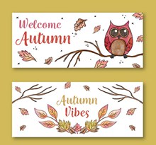 2款手绘秋季树叶和猫头鹰banner图矢量