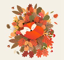 彩色秋季落叶堆上睡着的狐狸图矢量下载