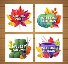 4款彩绘秋季元素卡片矢量图下载