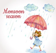 彩绘雨季撑伞的女孩矢量图下载