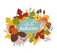 可爱秋季刺猬和花草框架图矢量