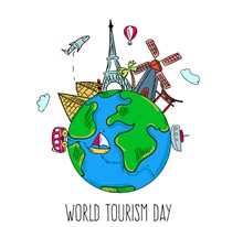 彩绘世界旅游日地球和著名建筑图矢量图下载