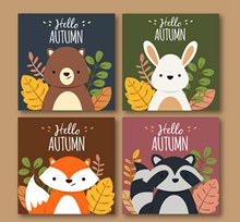 4款卡通秋季动物卡片矢量图下载