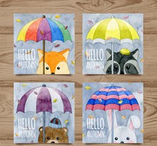 4款彩绘秋季撑伞动物卡片矢量素材
