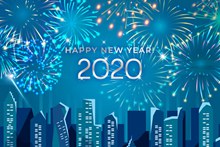 2020年蓝色城市烟花贺卡图矢量下载