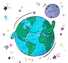 彩绘打招呼的地球和月球图矢量
