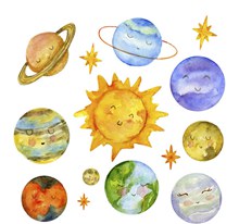水彩绘可爱表情太阳系行星图矢量下载