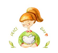 彩绘国际和平日怀抱白鸽的女孩图矢量素材
