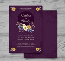 紫色花卉婚礼邀请卡设计矢量