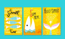 3款彩绘夏季鱼卡片矢量下载