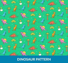 彩色恐龙树木无缝背景图矢量素材