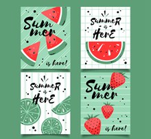 4款创意夏季西瓜和柠檬草莓卡片图矢量素材