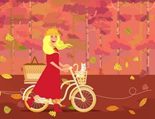 创意秋季风中推单车的女子图矢量图
