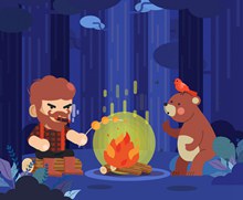 创意树林里烤火的男子和棕熊图矢量素材