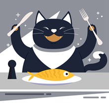 创意开心进餐的黑猫矢量图片