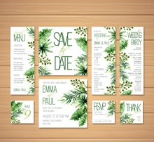 8款手绘绿叶婚礼卡片矢量素材
