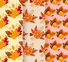 3款彩色秋季树叶橡子无缝背景图矢量