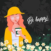 创意花丛中喝咖啡女子矢量图片