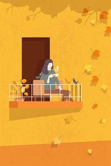 创意秋季阳台上喝茶的女子图矢量素材