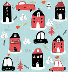 创意冬季房屋和车辆无缝背景图矢量图片