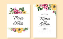 彩色花卉婚礼邀请卡正反面图矢量图片