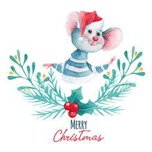 水彩绘圣诞老鼠和冬青贺卡图矢量下载