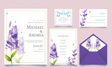 5款水彩绘紫色薰衣草婚礼卡片图矢量下载