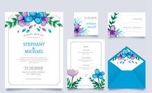 5款蓝色花卉婚礼卡片矢量图片