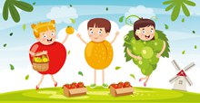 3个卡通穿水果服装的儿童图矢量