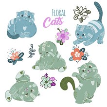 花草元素与卡通可爱猫创意矢量图片