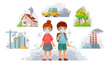 卡通戴口罩儿童和5款环境污染场景图矢量