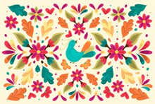彩色花卉和鸟无缝背景设计矢量图下载