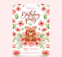 彩绘花卉和熊生日派对传单图矢量图下载